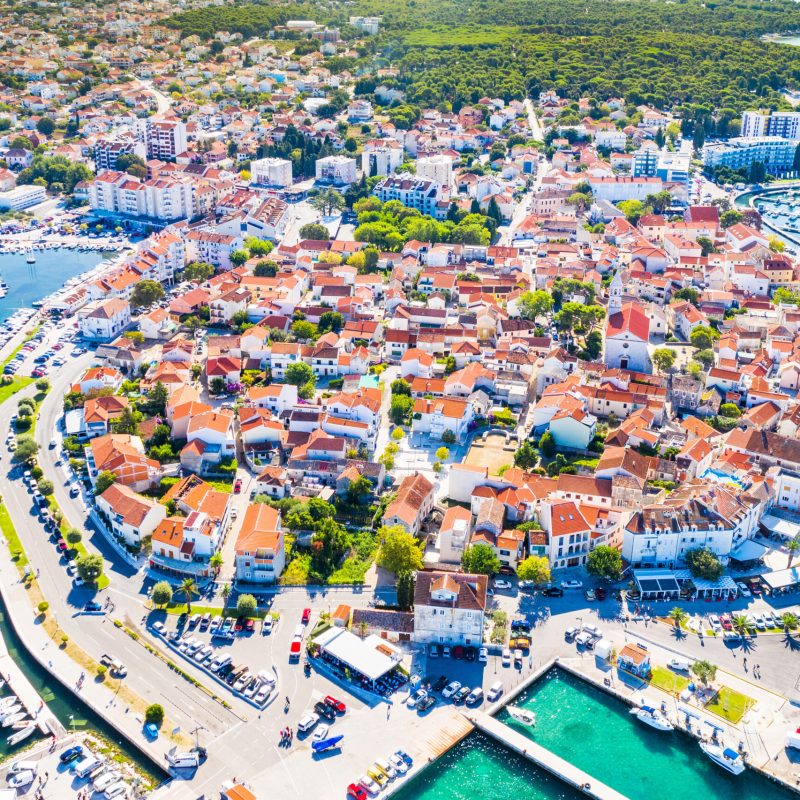 Croatia, town of Biograd na Moru on Adriatic sea, aerial view of marina and historic town center