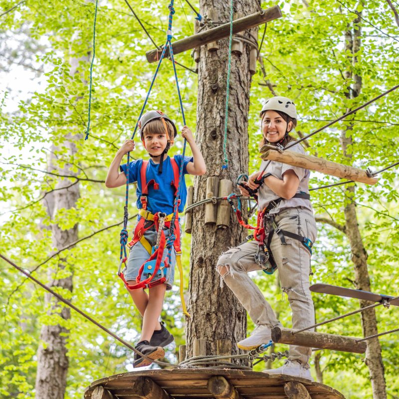 Mother and son climbing in extreme road trolley zipline in forest on carabiner safety link on tree to tree top rope adventure park. Family weekend children kids activities concept.